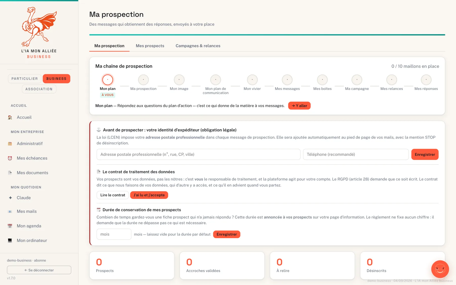 L’écran Ma prospection : la chaîne en dix maillons, et ce que la loi demande avant d’envoyer