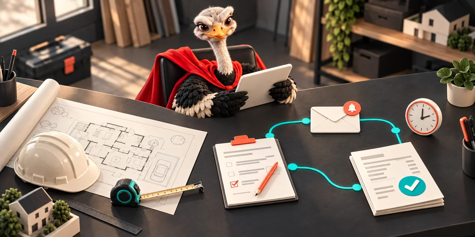 Illustration 3D en plongée : Super Autruche à une table d’atelier suit le devis, la relance et la facture.