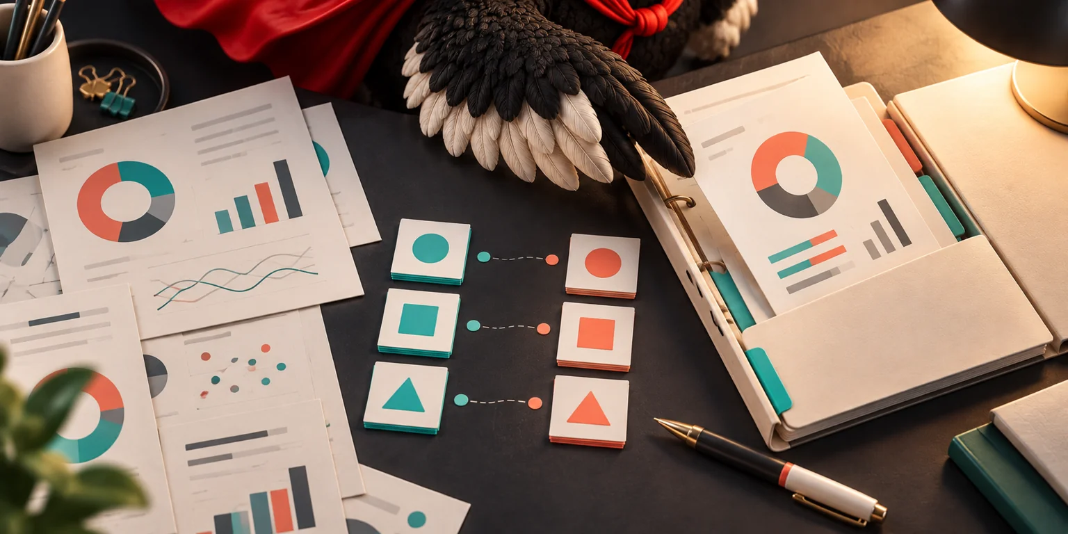 Illustration 3D en gros plan : une aile rassemble les données dans un rapport ; un stylo reste prêt pour l’interprétation du professionnel.